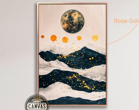 Golden Moon Framed Print Celestial Abstract Wall Art Mountain Ranges Painting Print Gold Black Beige Decor Ready To Hang