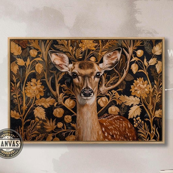 Elegant Deer Vintage Plant Art Print, Rustic Decor