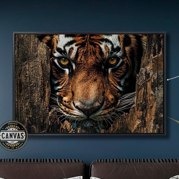 Bengal Tiger Face Emerging From Split Wood Dramatic Wildlife Art Poster