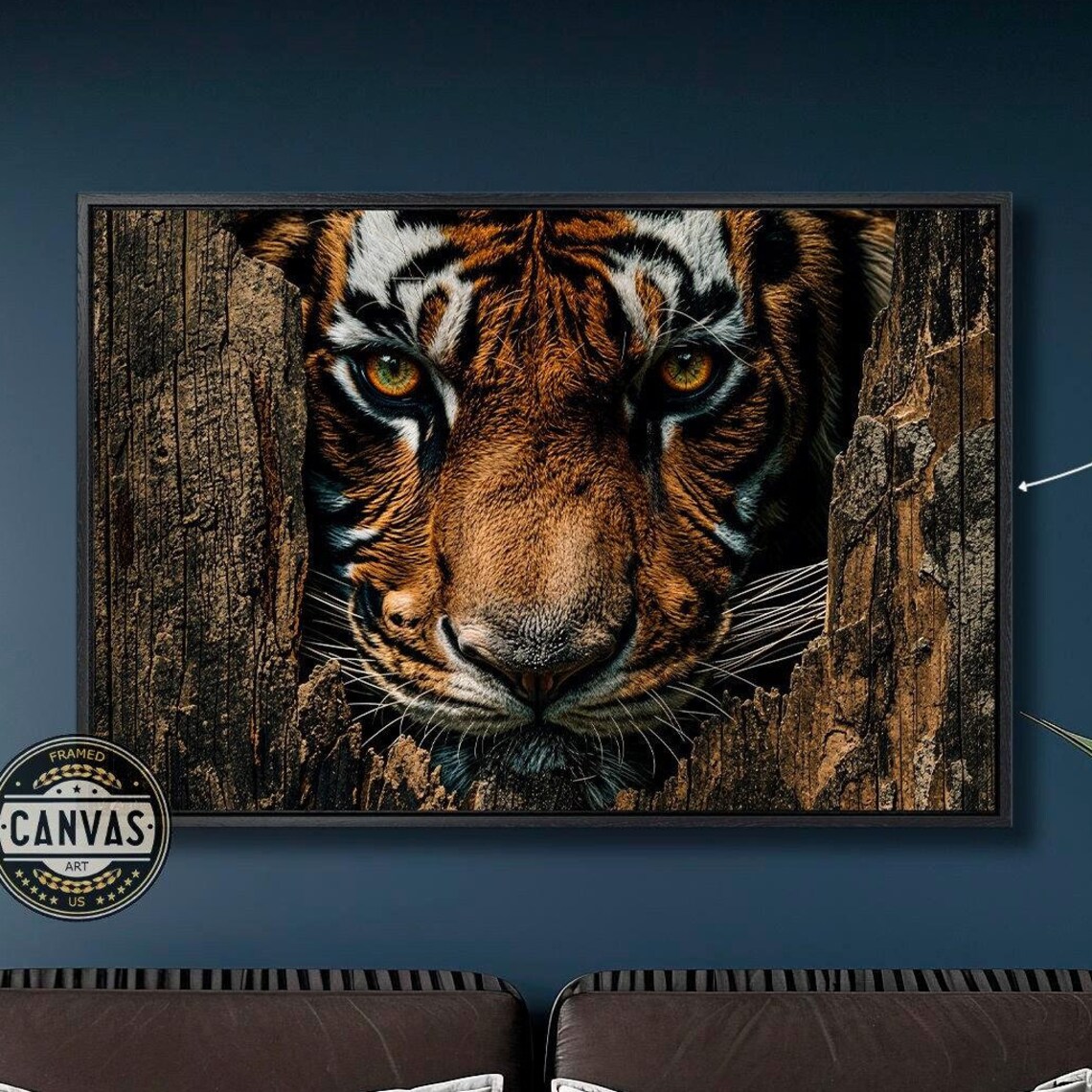 Bengal Tiger Face Emerging From Split Wood Dramatic Wildlife Art Poster