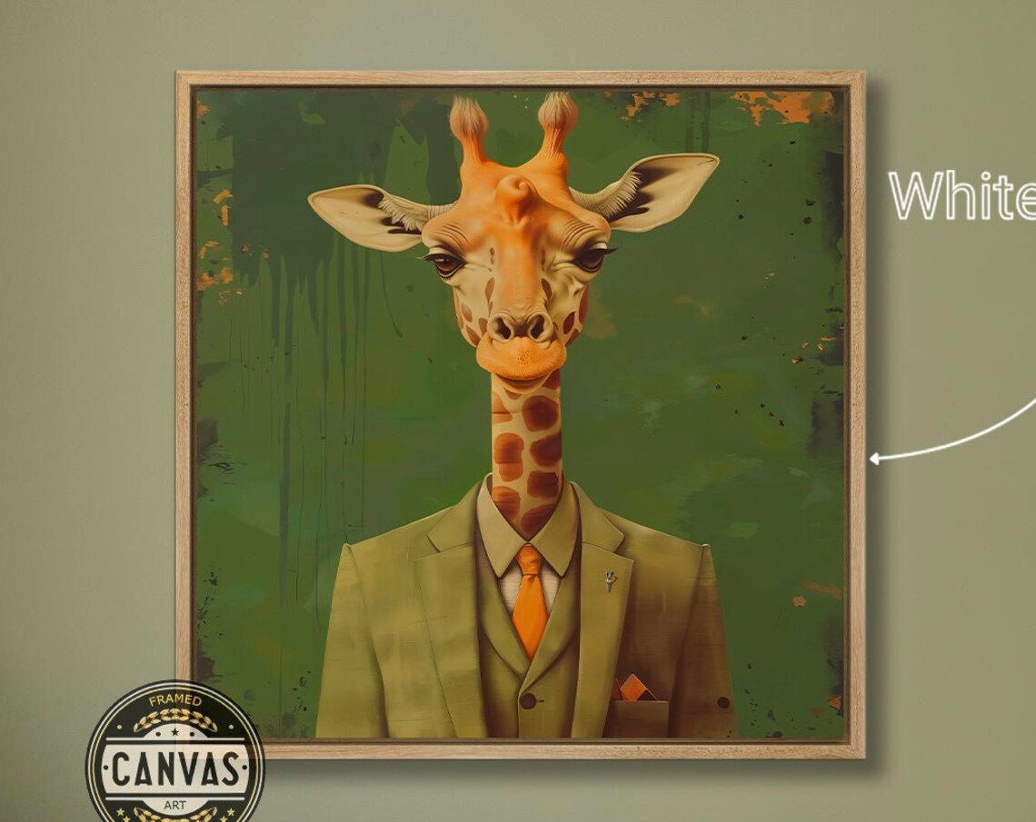 Dapper Giraffe In Green Suit Orange Tie Whimsical Safari Art Poster
