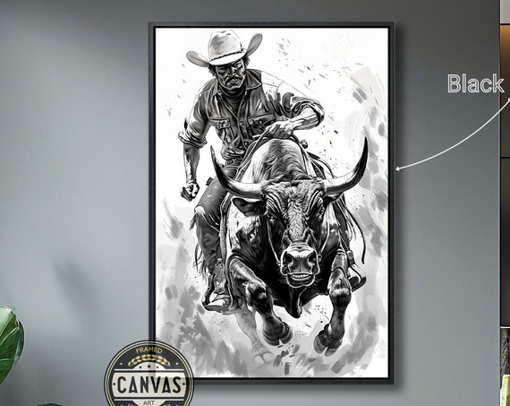 Bullrider Framed Print Black And White Rodeo Cowboy Wall Art Bull Rider Painting Print Ranch Poster Western Decor Ready To Hang