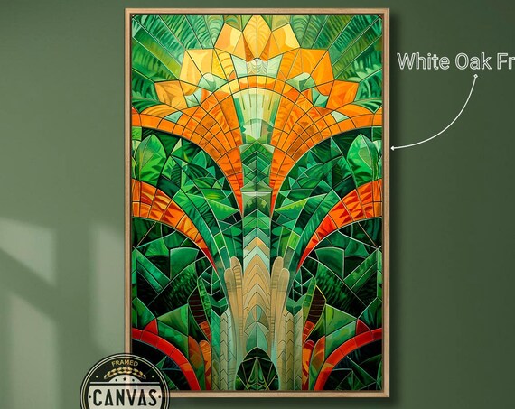 Vibrant Mosaic Style Painting Print Modern Green And Orange Art Deco Framed Wall Abstract Home And Office Wall Decor Ready To Hang