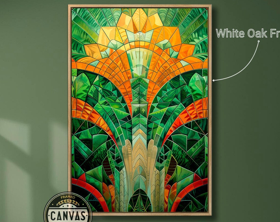 Emerald Green Orange Mosaic Stained Glass Tropical Deco Art Print