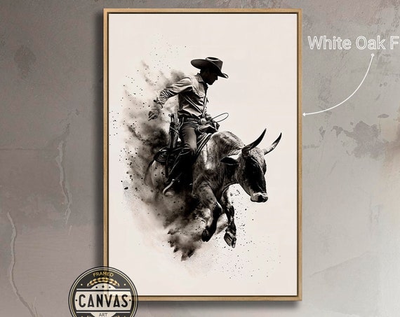 Dynamic Rodeo Cowboy Framed Wall Art Bull Riding Painting Print Black And White Farmhouse Wall Decor Western Artwork Ready To Hang