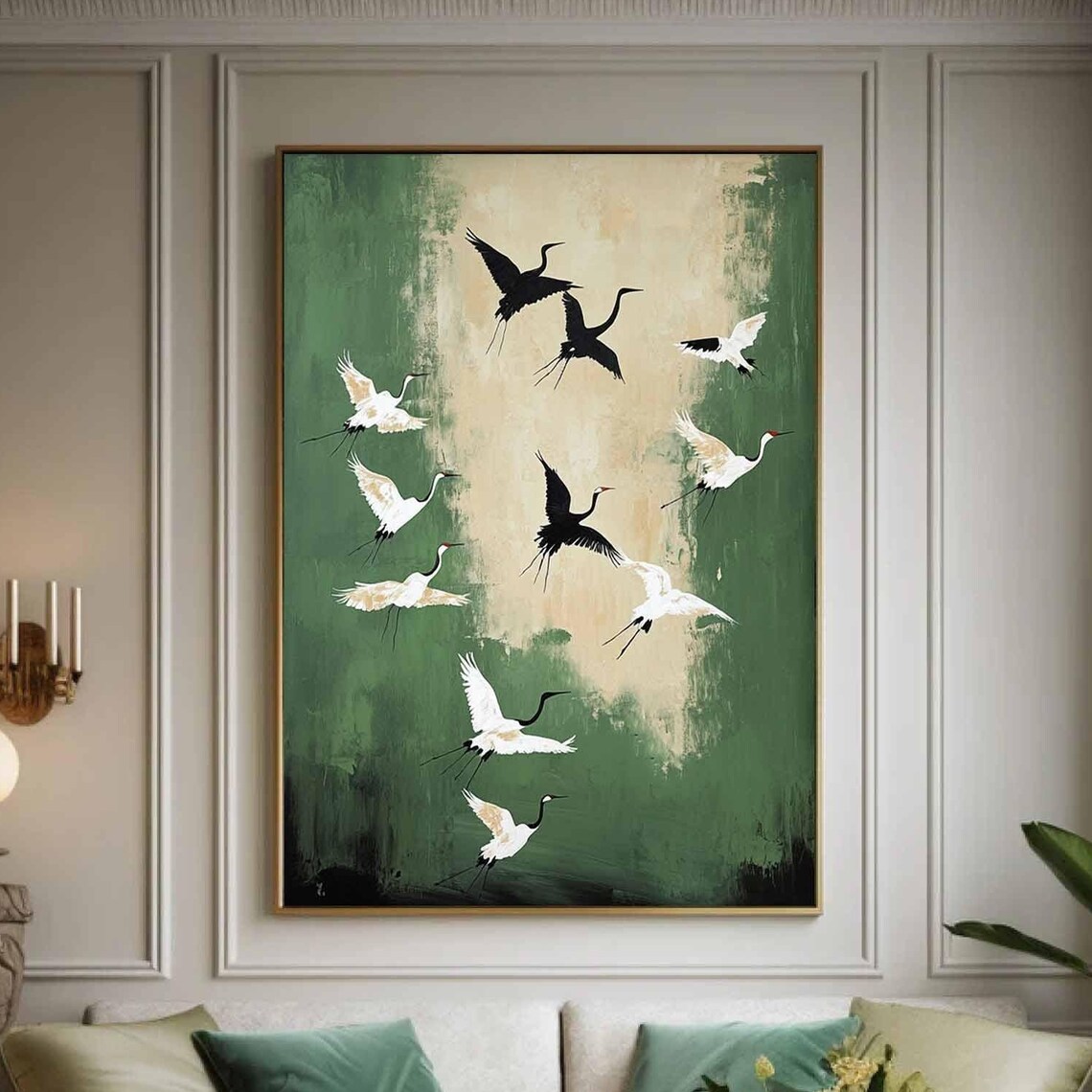 Birds Abstract Painting Green Oil Painting Beige Wabisabi Wall Art Green Beige Abstract Painting Neutral Wall Decor Green Beige Wall Art