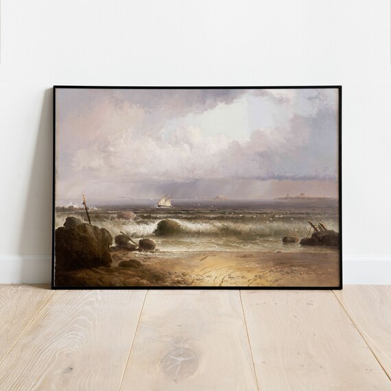 Stormy Seascape Sailboat Crashing Waves Dramatic Vintage Marine Painting Poster
