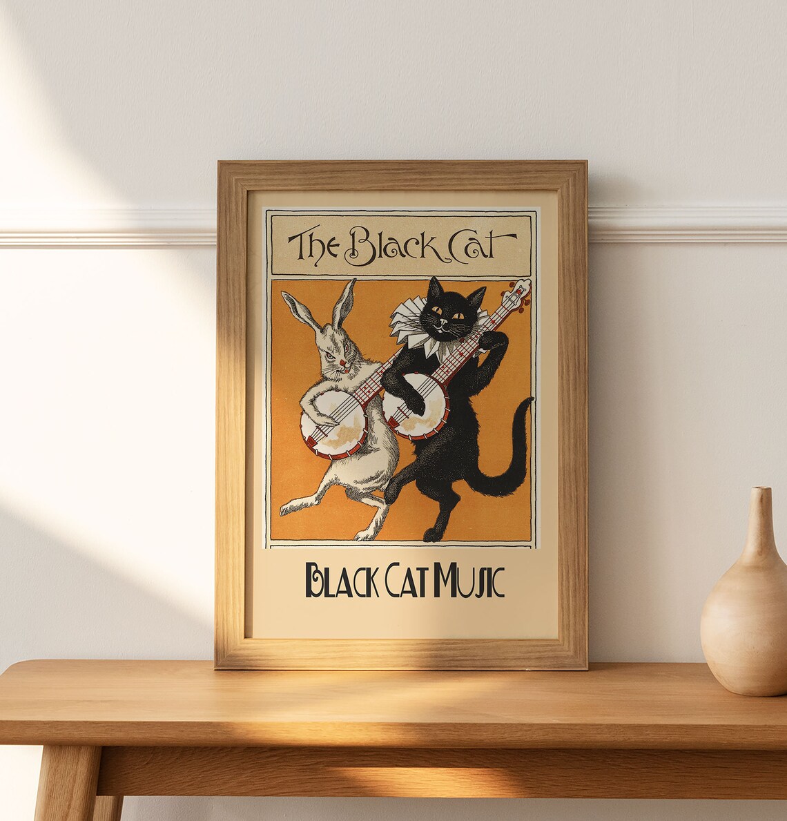 The Black Cat Music Banjo Playing Cat and Rabbit Vintage Storybook Poster - Image 2