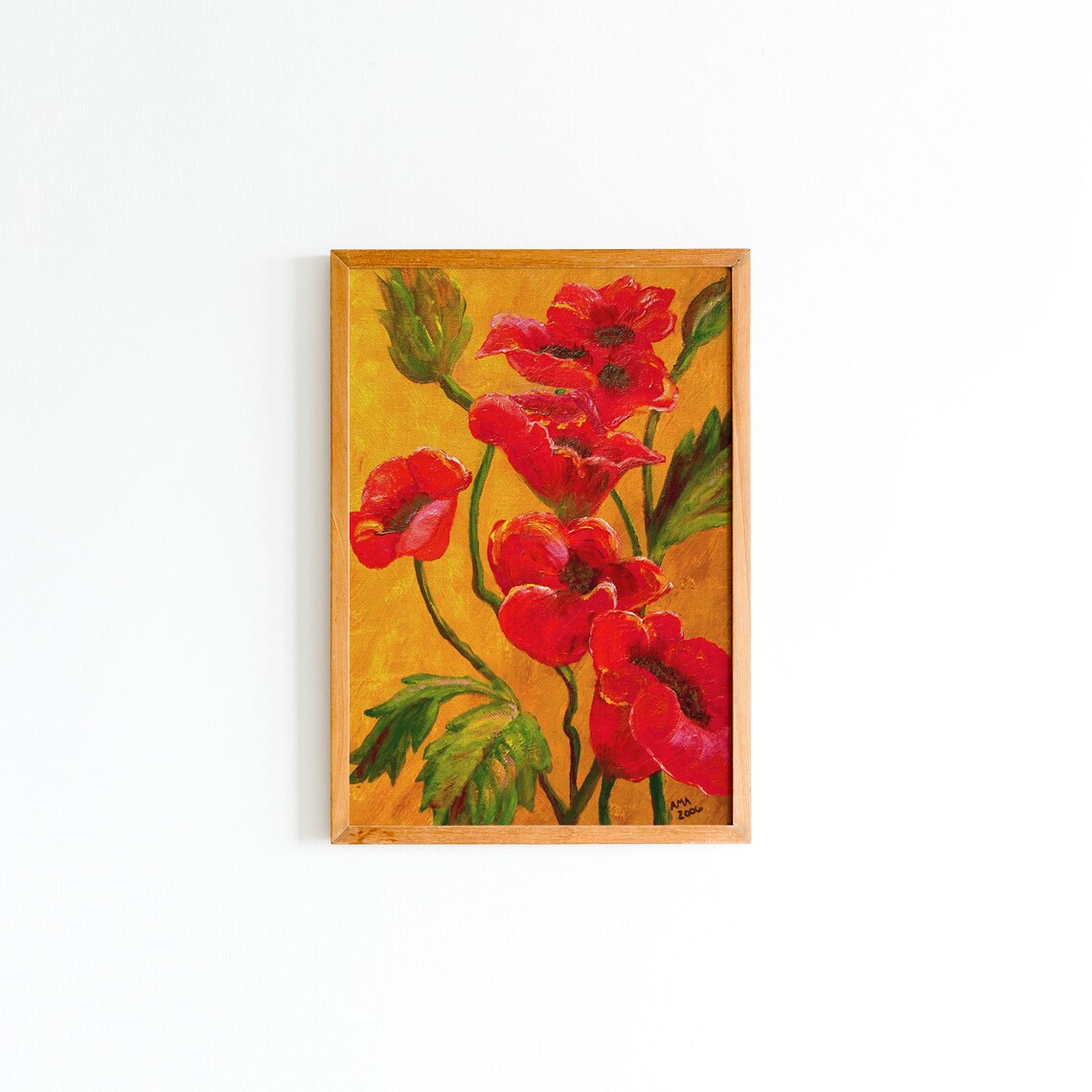 Bright Red Poppies on Golden Yellow Background Floral Art Print - Image 2