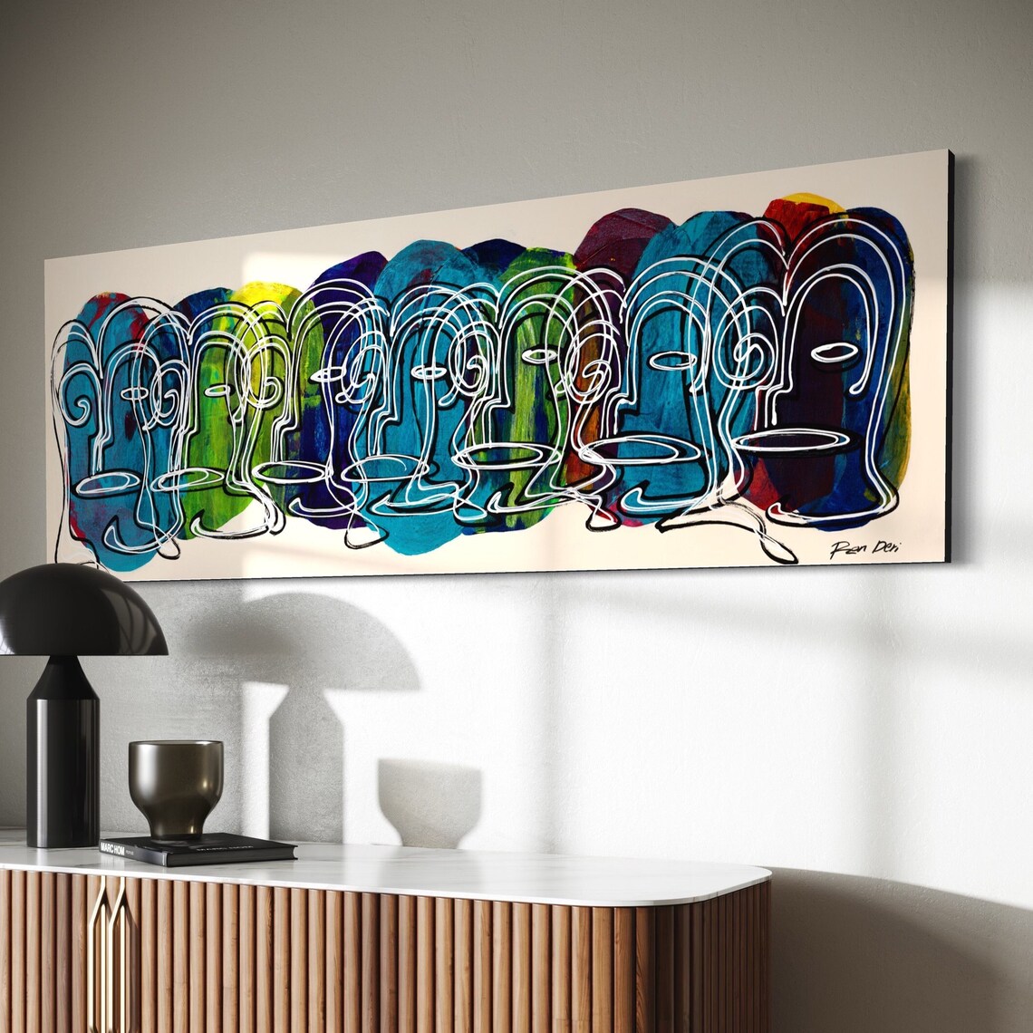 Crowd of Colorful Line Drawn Faces Extra Wide Abstract Poster