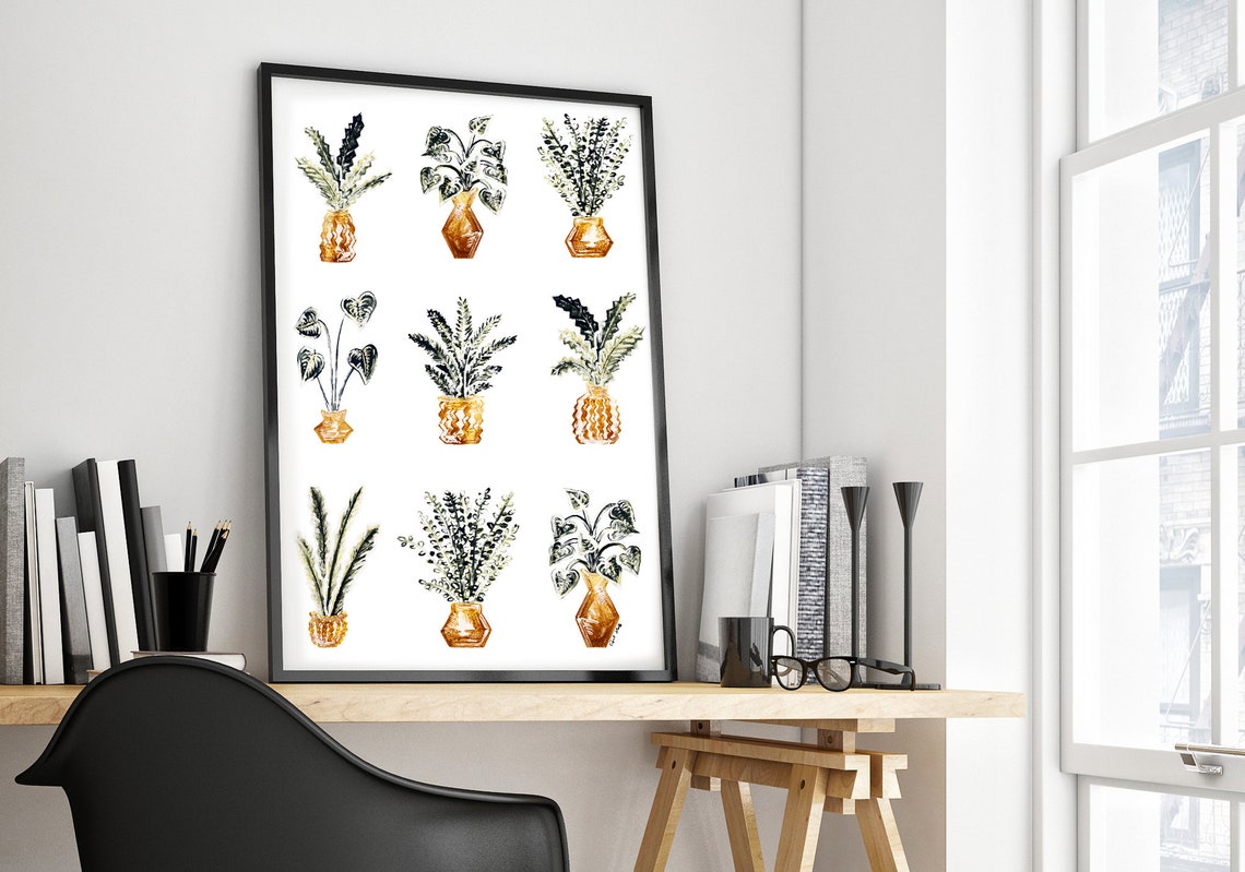 Grid of Nine Potted Houseplants Botanical Watercolor Wall Poster - Image 3