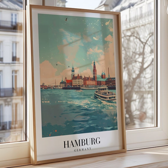 Hamburg City Poster Germany Wall Art Harbor And Skyline Print Maritime Travel Decor German Landscape Cityscape
