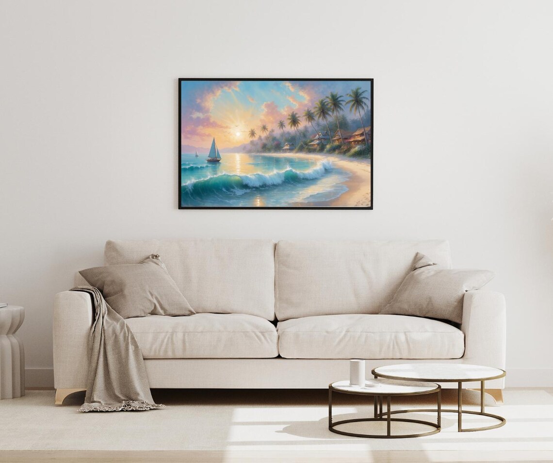 Tropical Beach Sunset with Sailboats and Palms Island Art Poster - Image 2