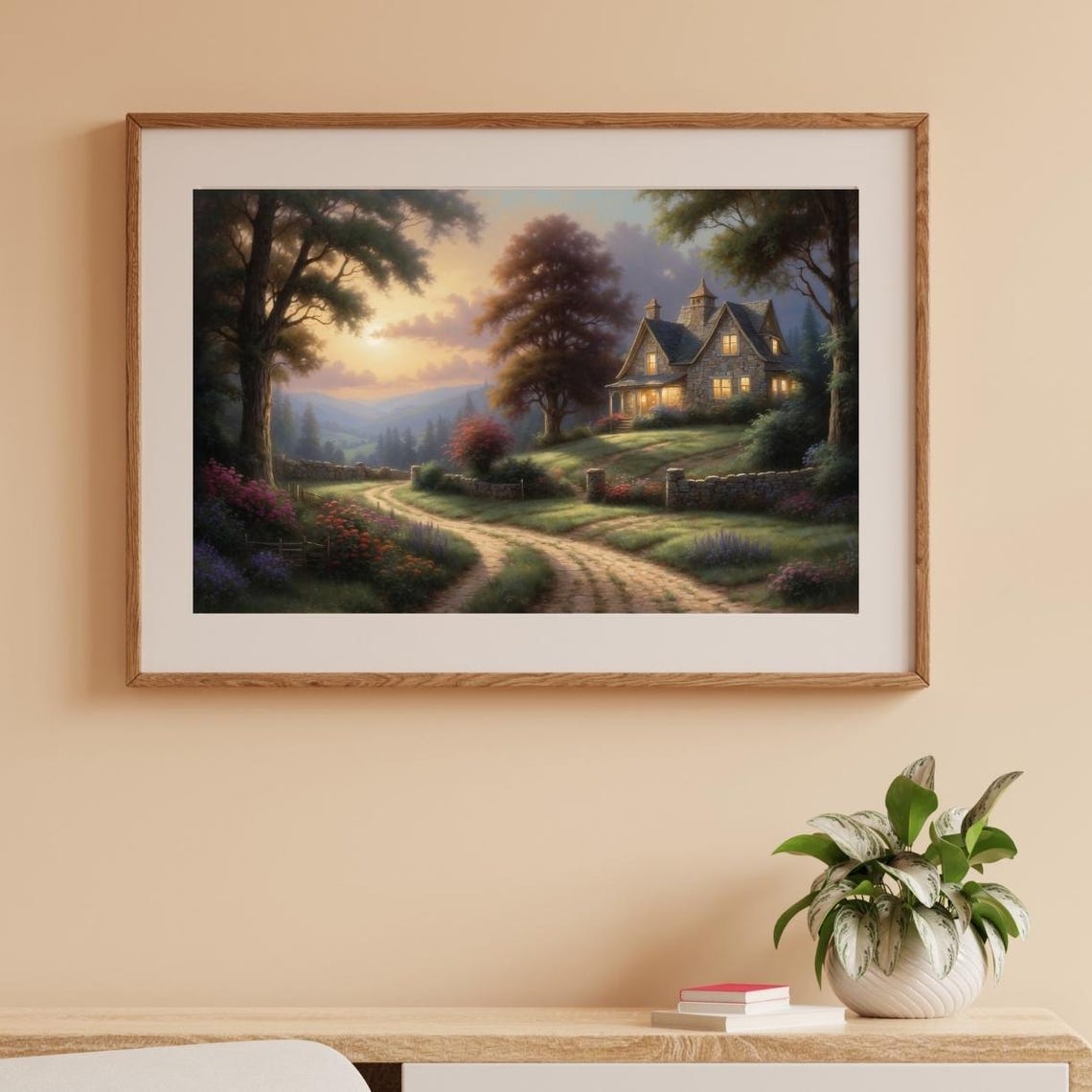 Stone Cottage at Sunset with Glowing Windows Country Art Poster