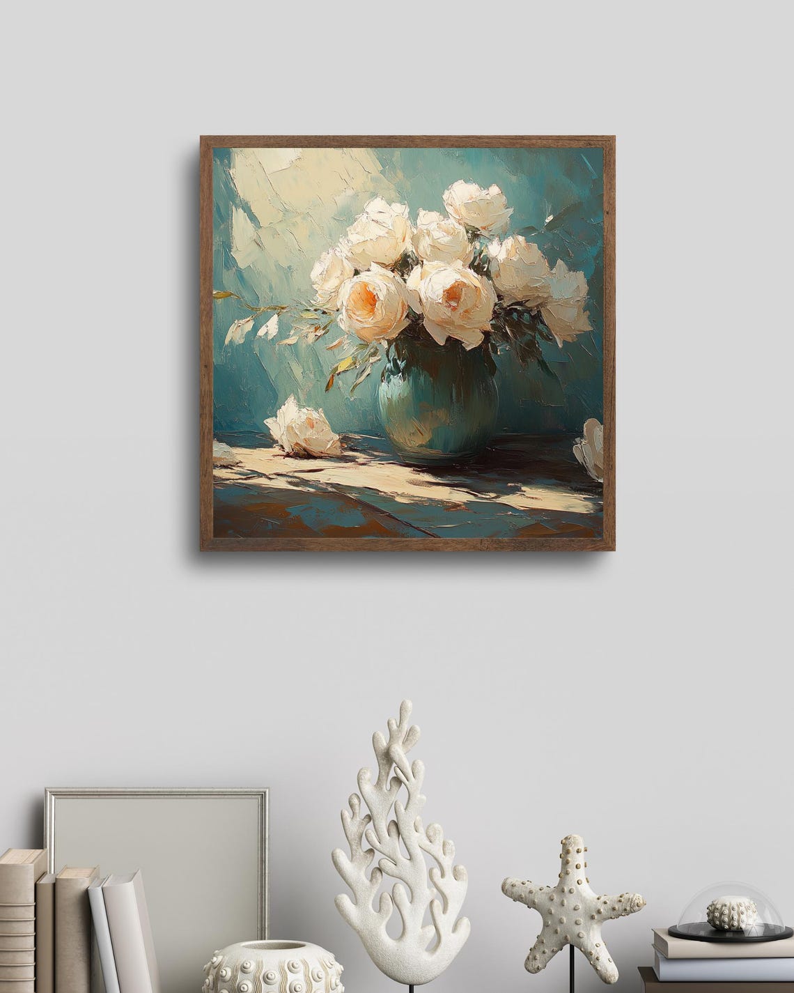 White Roses in Teal Vase Sunlit Floral Still Life Painting Poster - Image 2
