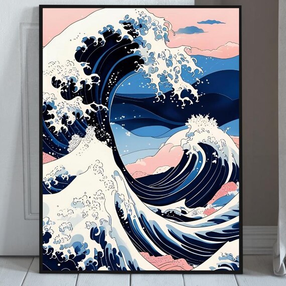 Dramatic Great Wave Japanese Woodblock Style Pink Sky Poster