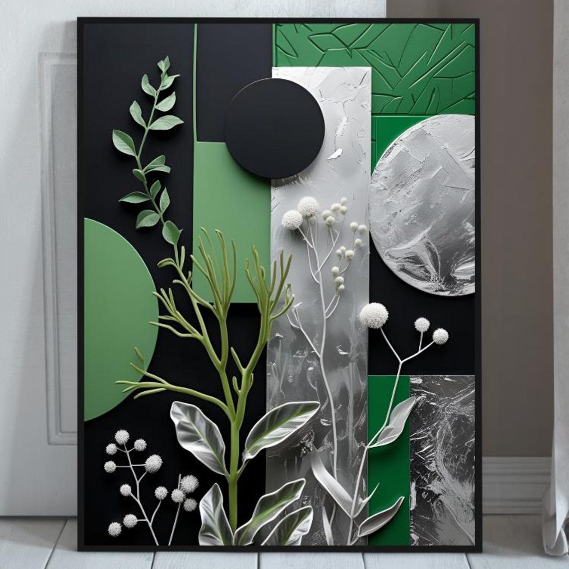 Forest Green Silver Black Geometric Botanical Abstract Art Poster