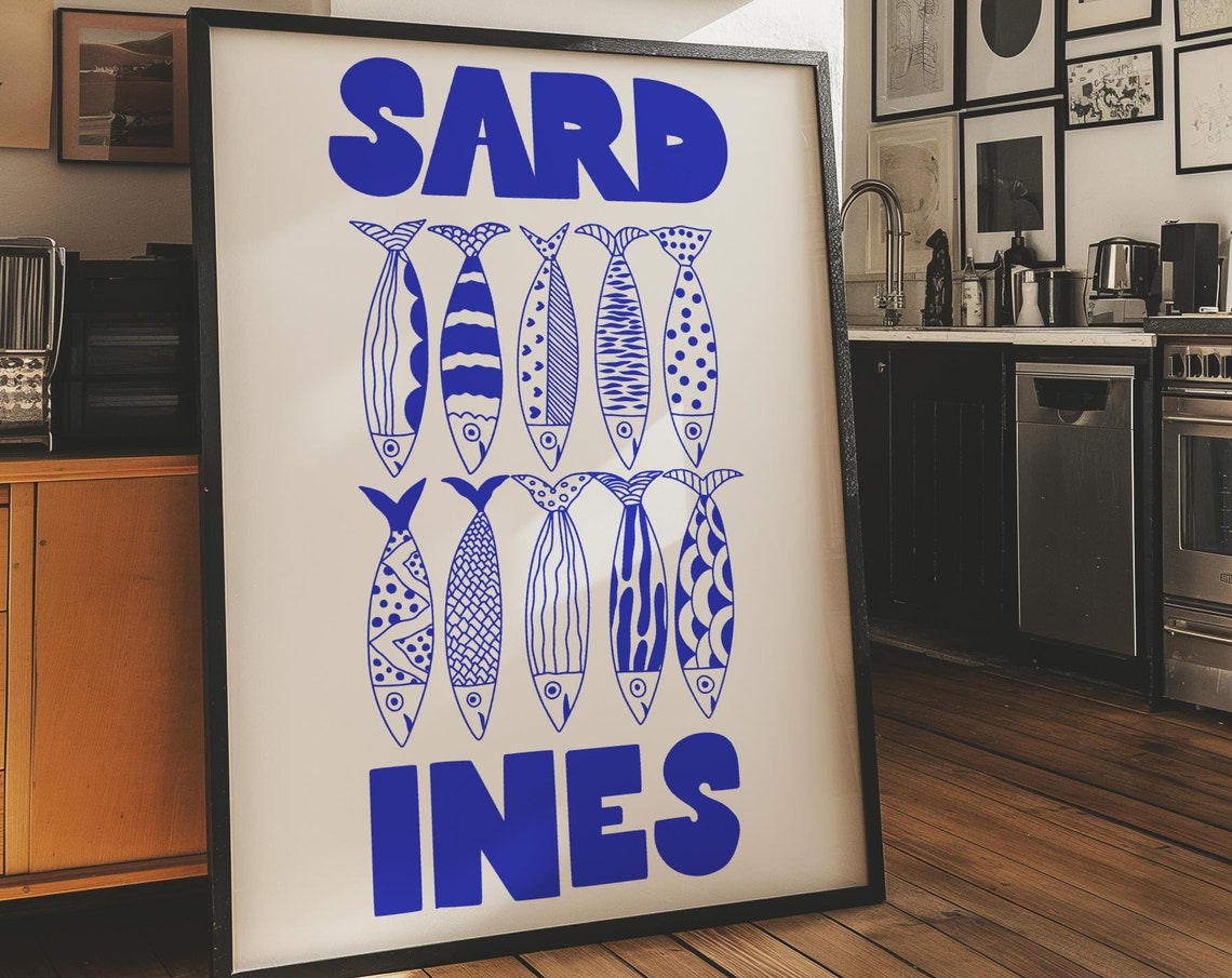 Blue Doodled Sardines Fish Nautical Bold Kitchen Coastal Wall Art