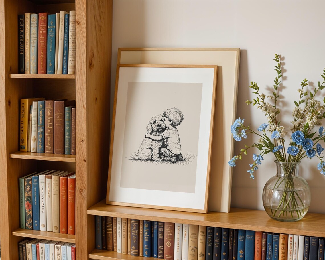 Boy And A Dog Print Dog Vintage Poster Nursery Wall Art Antique Vintage Painting Farmhouse Decor Country Wall Art Goldendoodle Drawing - Image 2