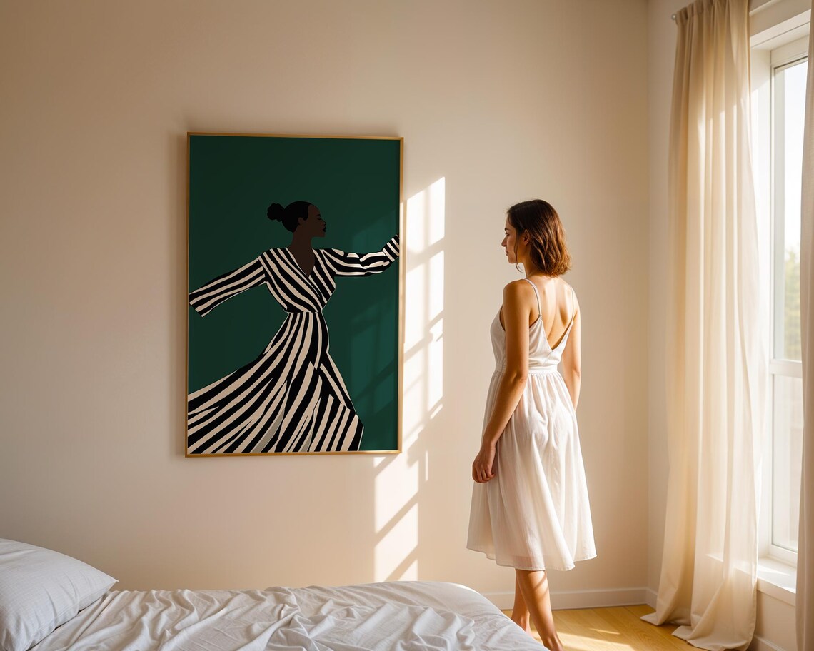 Joyful Dancing Woman In Flowing Striped Dress Emerald Poster - Image 2