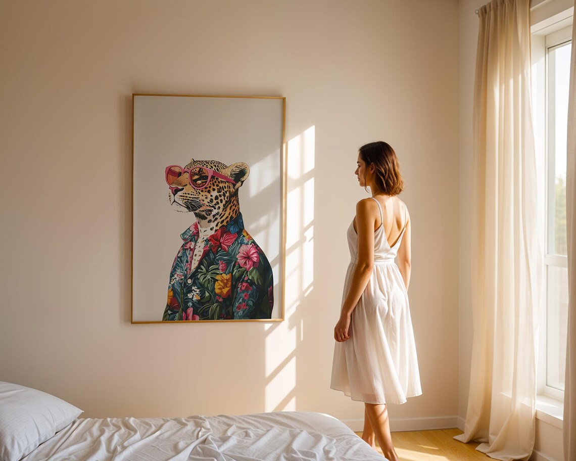 Chic Leopard In Pink Sunglasses Wearing Floral Shirt Animal Poster - Image 3