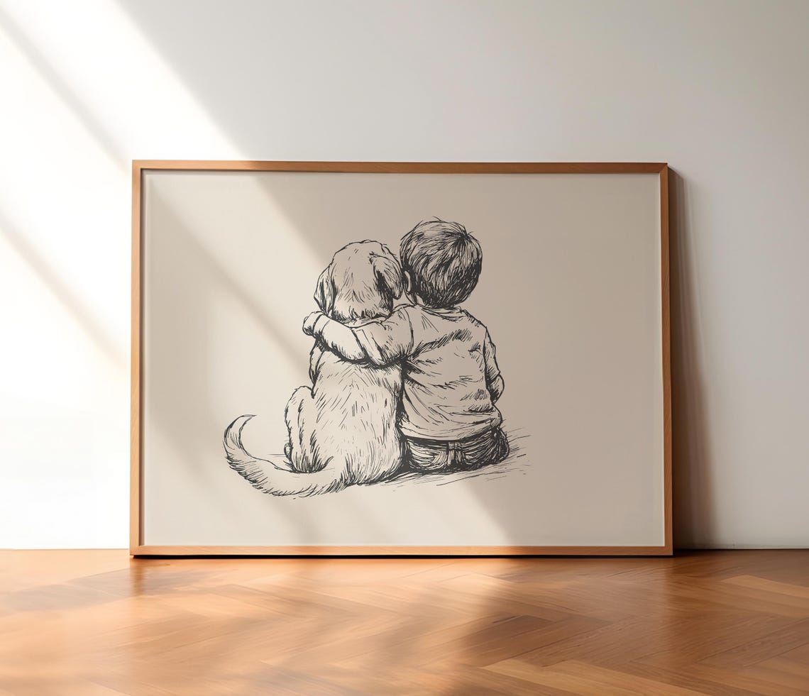 Little Boy With Golden Retriever Puppy Print Dog Sketch Art Nursery Vintage Poster Dog Retro Drawing Kids Room Decor Boys Nursery Decor - Image 3