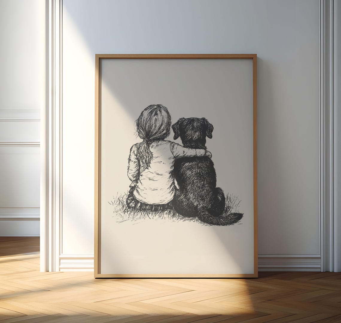 Girl With Black Lab Print Labrador Retriever Dog Vintage Poster Girls Nursery Decor Retro Dog Drawing Dog Art Sketch Baby Room Painting - Image 2