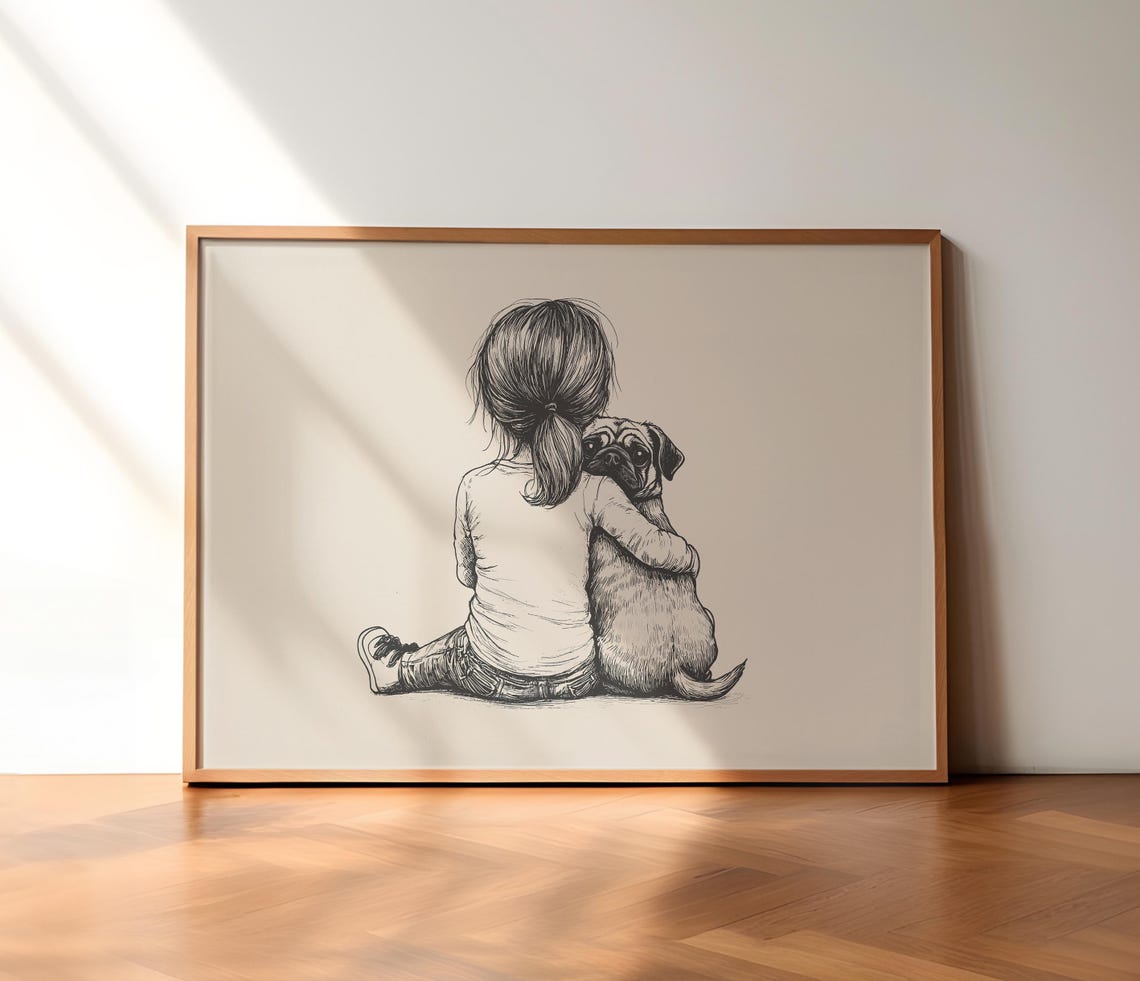 Girl With Pug Nursery Print Dog Vintage Decor Pug Sketch Puppy Nursery Art Country Wall Decor Neutral Dog Drawing Dog Wall Art Poster - Image 2