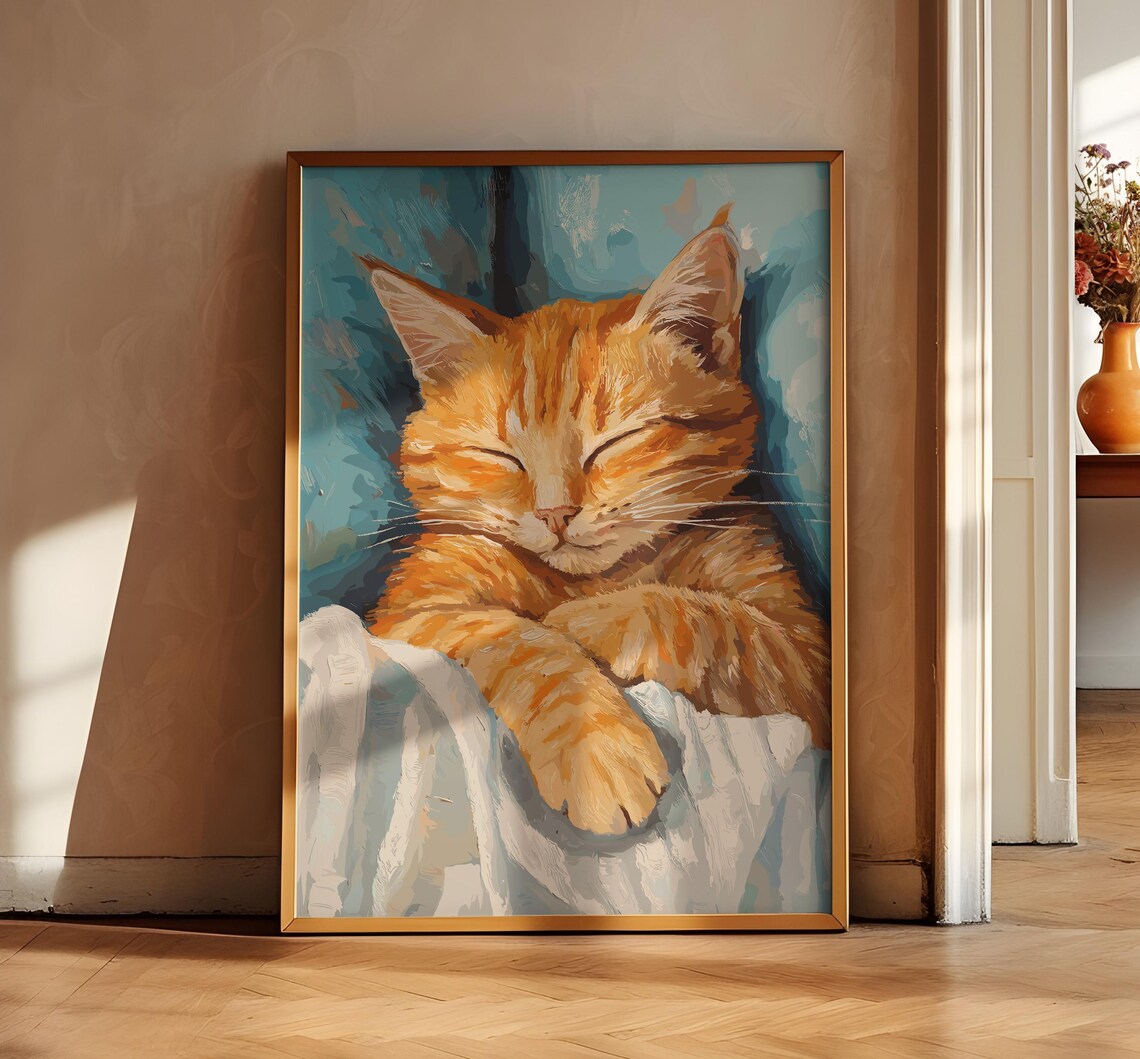 Sleeping Orange Tabby Cat Colorful Cozy Painting Cat Art Poster - Image 2