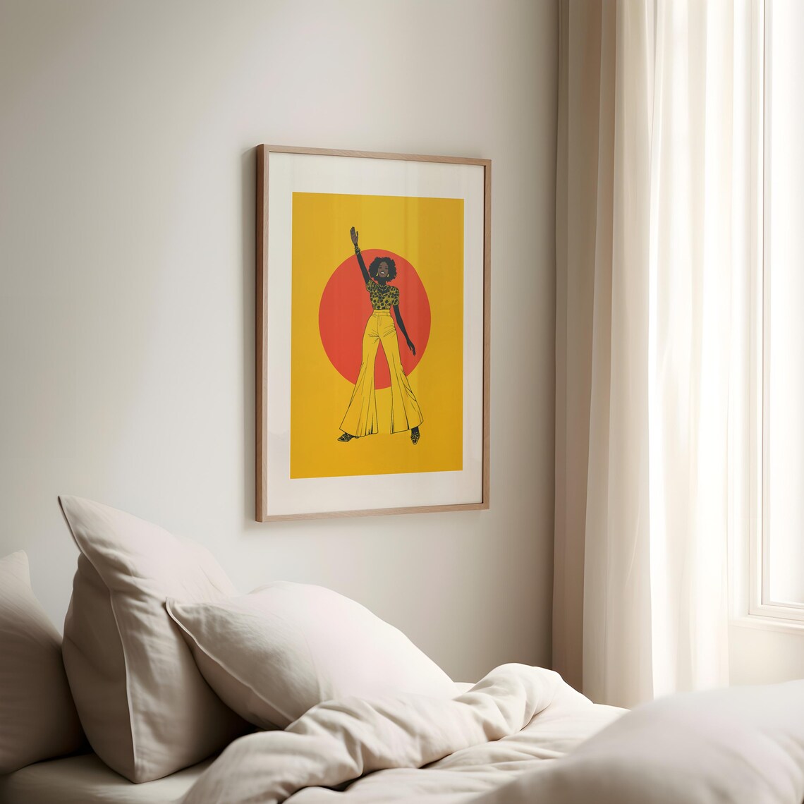 Retro 70s Dancing Woman In Yellow Disco Red Sun Fashion Poster - Image 2