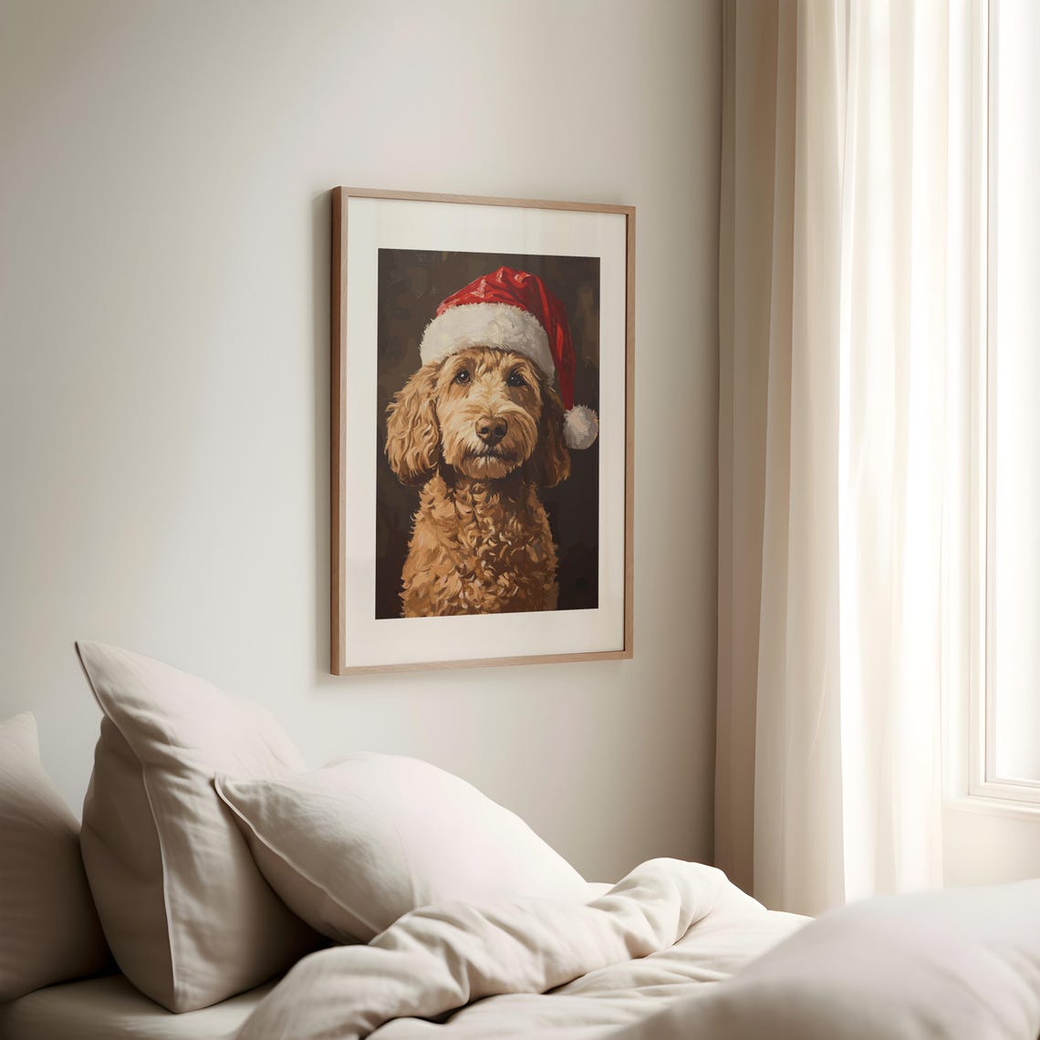 Christmas Pet Painting Goldendoodle Xmas Art Christmas Dog Decor Santa Dog Print Vintage Dog Art Goldendoodle Drawing Christmas Poster - Image 2