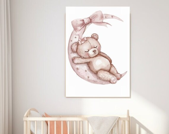 Sleeping Baby Bear On Pink Crescent Moon With Bow Nursery Art