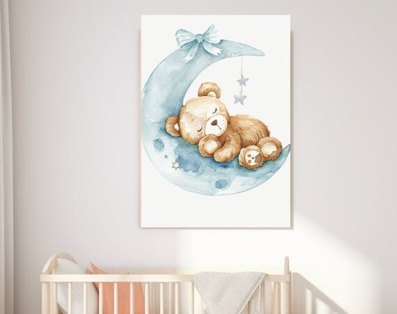 Sleeping Teddy Bear On Blue Crescent Moon Nursery Decor Wall Art