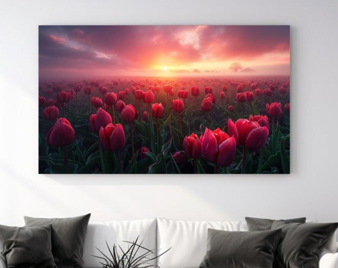 Red Tulips Field Sunset Pink Orange Sky Spring Flower Landscape Poster