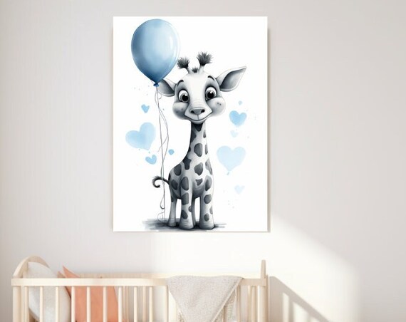 Cute Baby Giraffe With Blue Balloon And Hearts Nursery Wall Poster