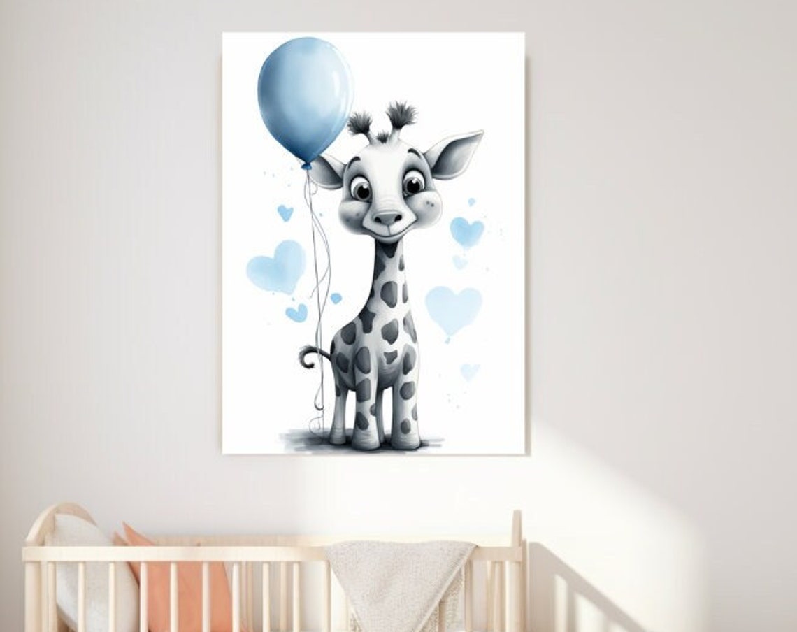 Cute Baby Giraffe With Blue Balloon And Hearts Nursery Wall Poster