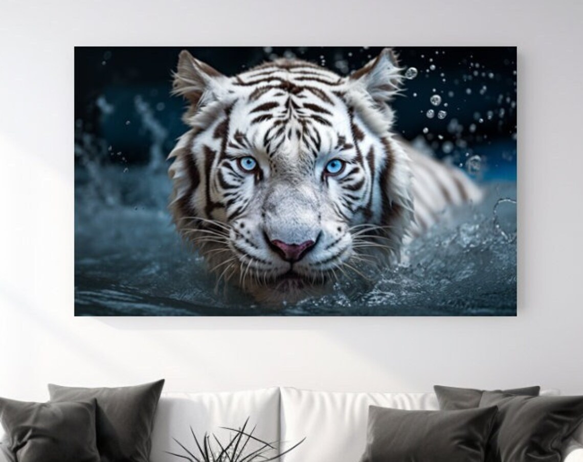 White Tiger Swimming Water Blue Eyes Wild Big Cat Wildlife Art Poster