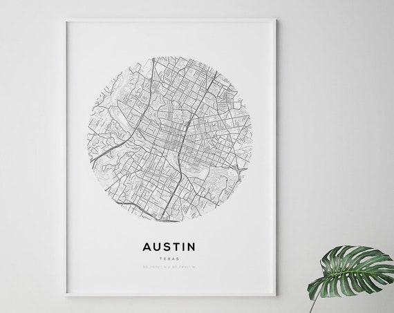 Austin Map Print Texas City Circle Wall Art Minimalist Usa Music Town Travel Poster Black