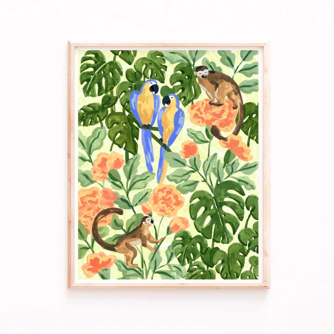 Macaws And Squirrel Monkey Tropical Jungle Monstera Watercolor Print - Image 4