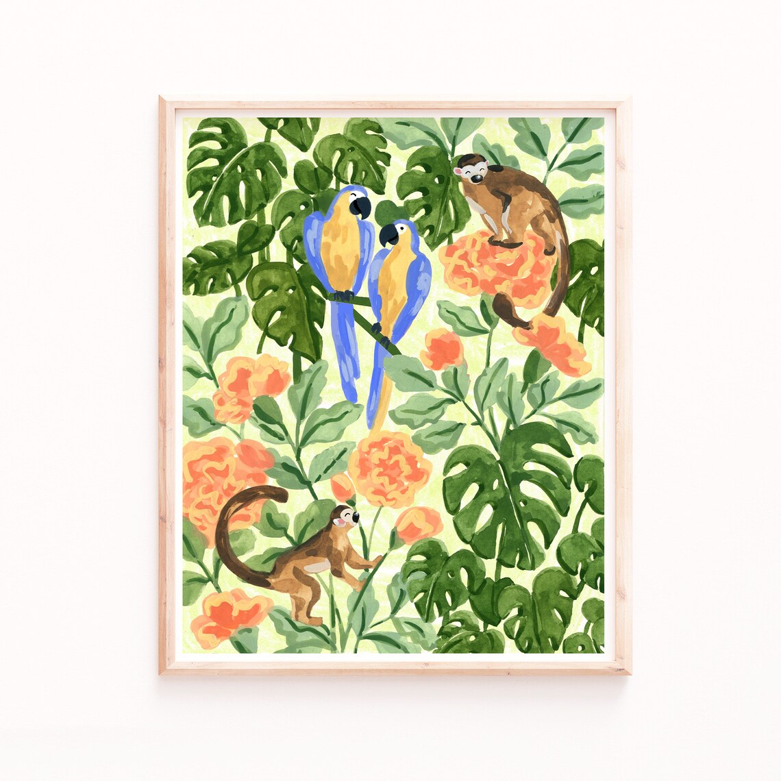 Tropical Monkeys And Parrots Jungle Art Print