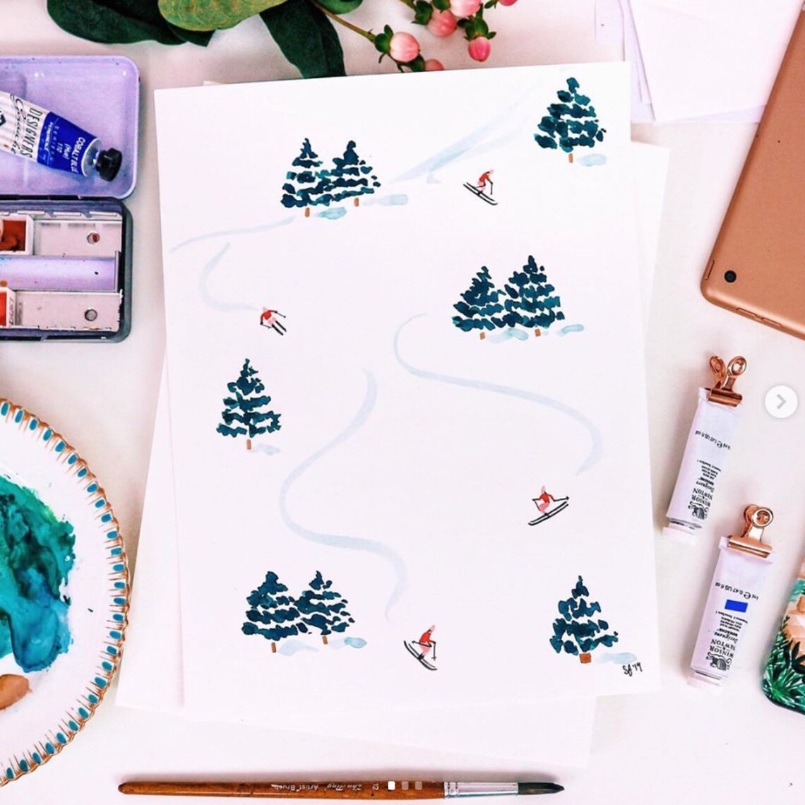 Little Skiers Winter Watercolor Art Print - Image 3