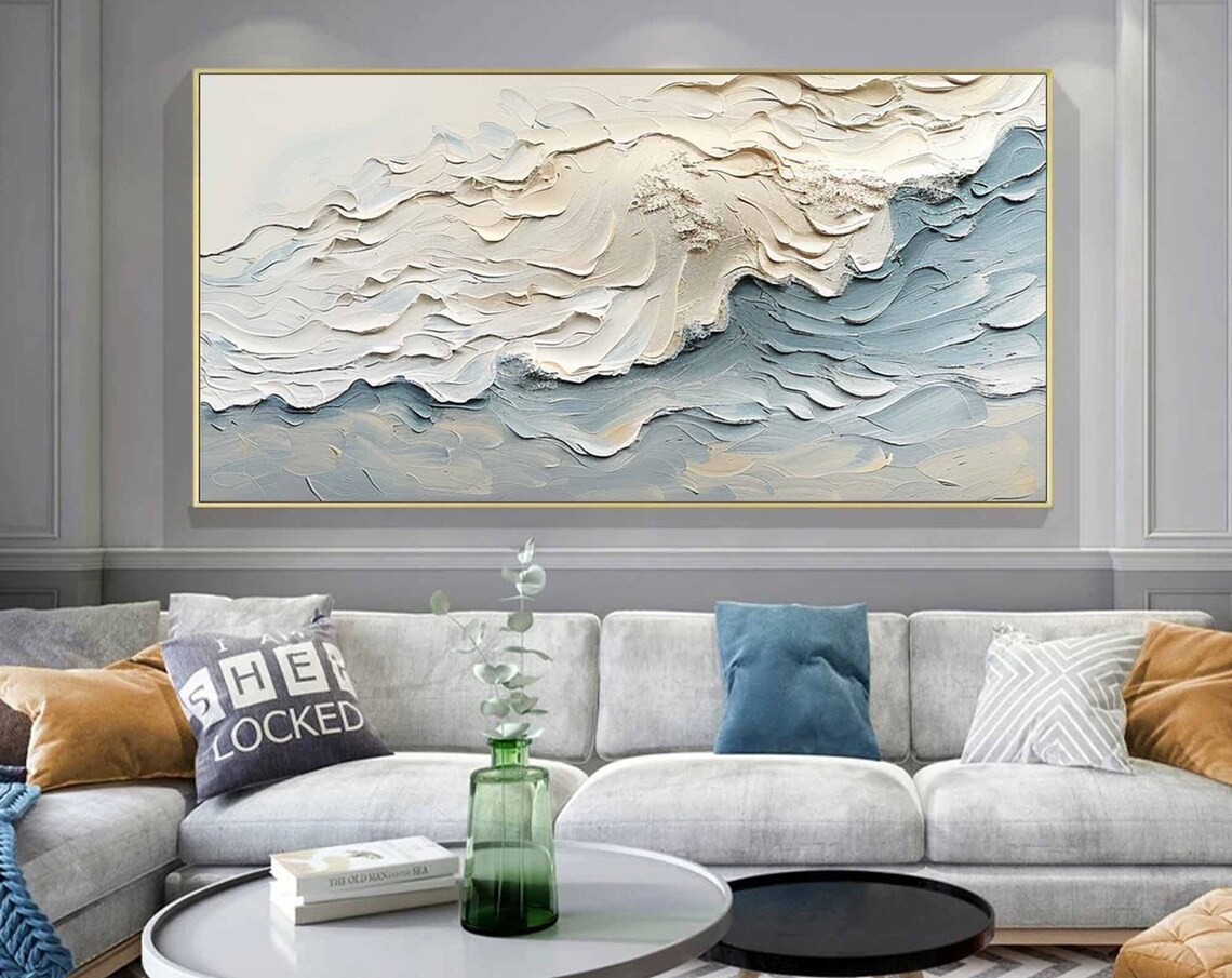 White Cream Blue Textured Ocean Waves Gold Framed Painting Modern Wall Art