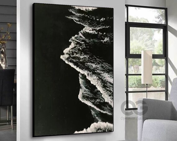 Black And White Aerial Ocean Waves Abstract Modern Art Poster Large