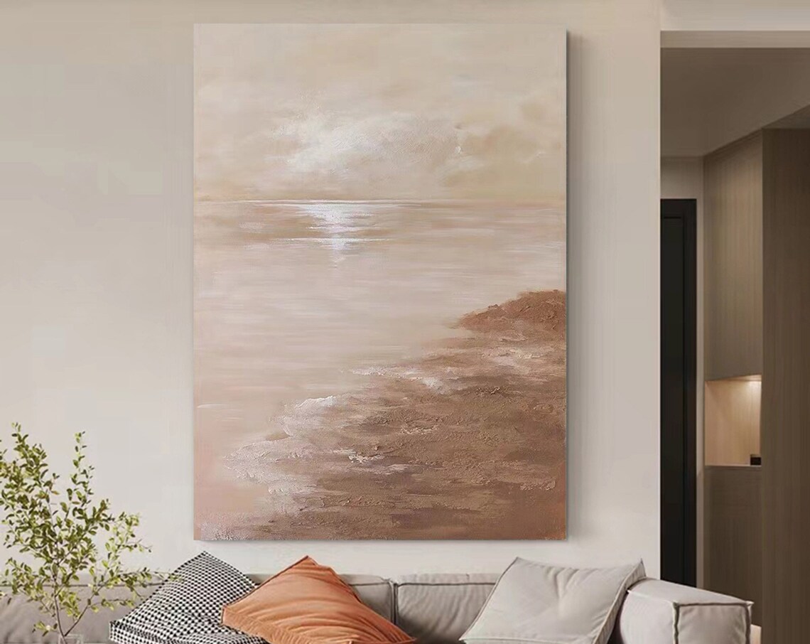 Beige Cloudy Sky Calm Sea Rocky Shore Sunset Coastal Scene Poster - Image 5