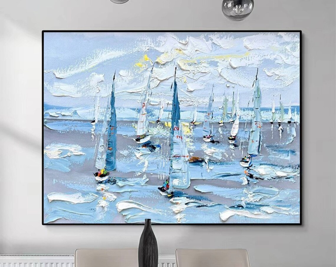 Blue Sailboat Regatta Impasto Textured Sailing Boat Ocean Wall Art Poster - Image 5