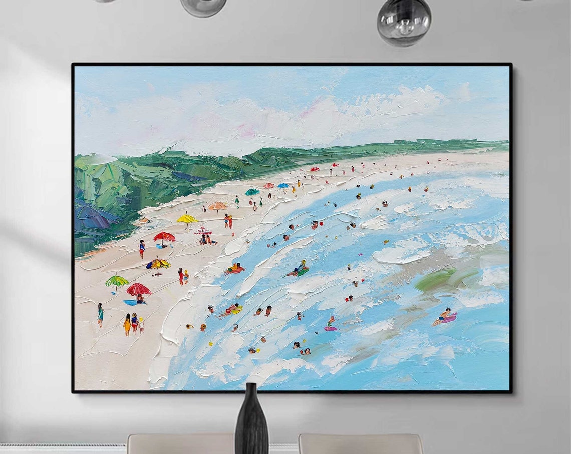 Panoramic Beach Green Dunes Umbrellas Surfers Summer Shore Art Poster - Image 5