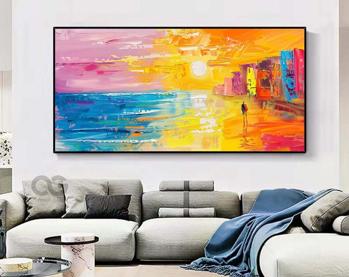 Bright Sunset Beach Couple Walking Shore Pink Orange Waves Painting Poster - Image 3
