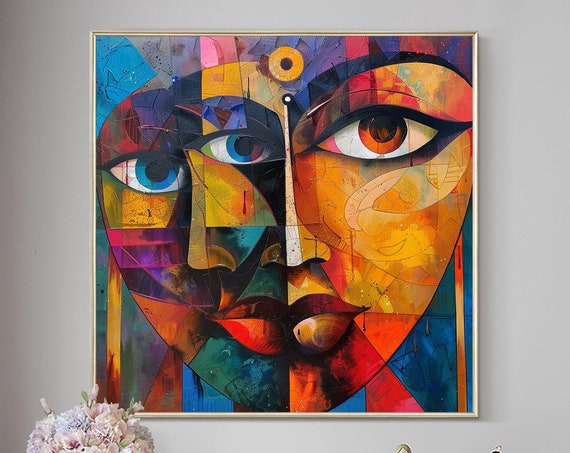 Colorful Indian Style Woman Original Painting Contemporary Abstract Painting Modern Handmade Art Portrait Female Face Wall Art Home Decor