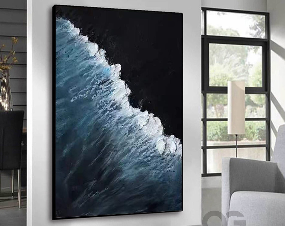 Dark Blue Aerial Wave White Foam Diagonal Black Beach Art Poster - Image 5