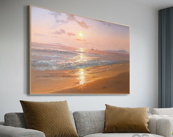 Golden Sunset Ocean Painting Sunlit Waves Beach Shore Seagull Wall Art Poster